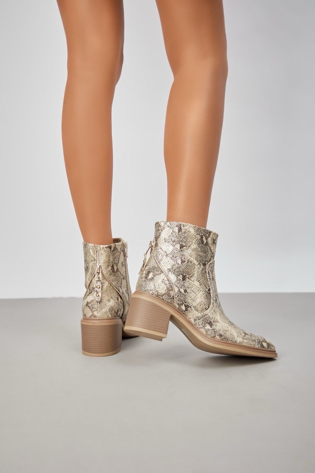 Brown, Snakeskin, Block Heel, Ankle Boot