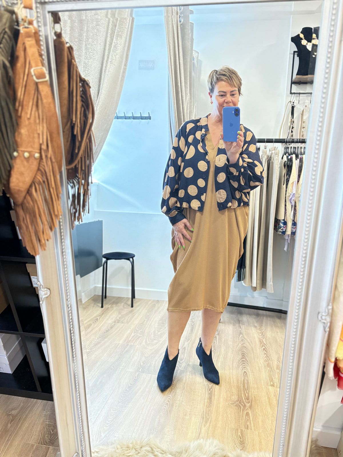 Spotty Gathered Hem Blouse/ Bomber Jacket