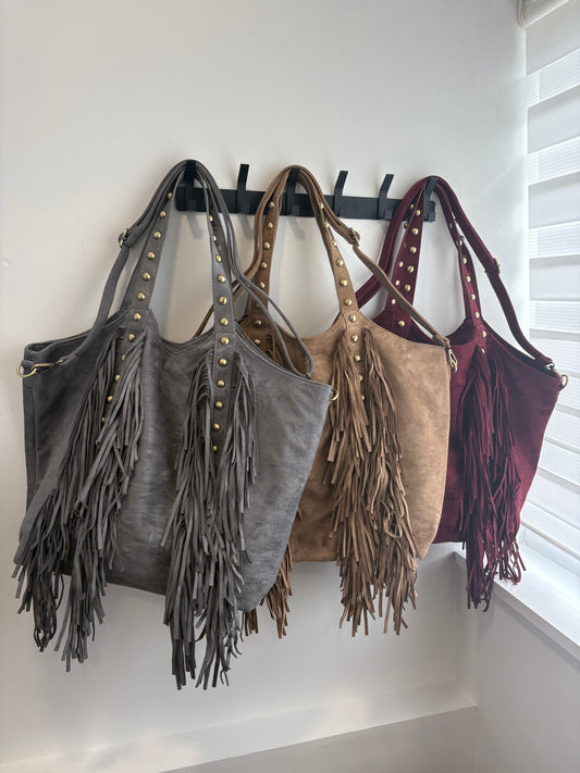 Large, Studded, Fringed, Suedette Slouch Bag