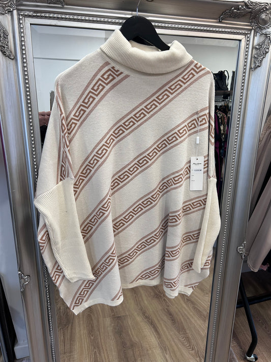 Greek Key Oversized Polo Neck Jumper