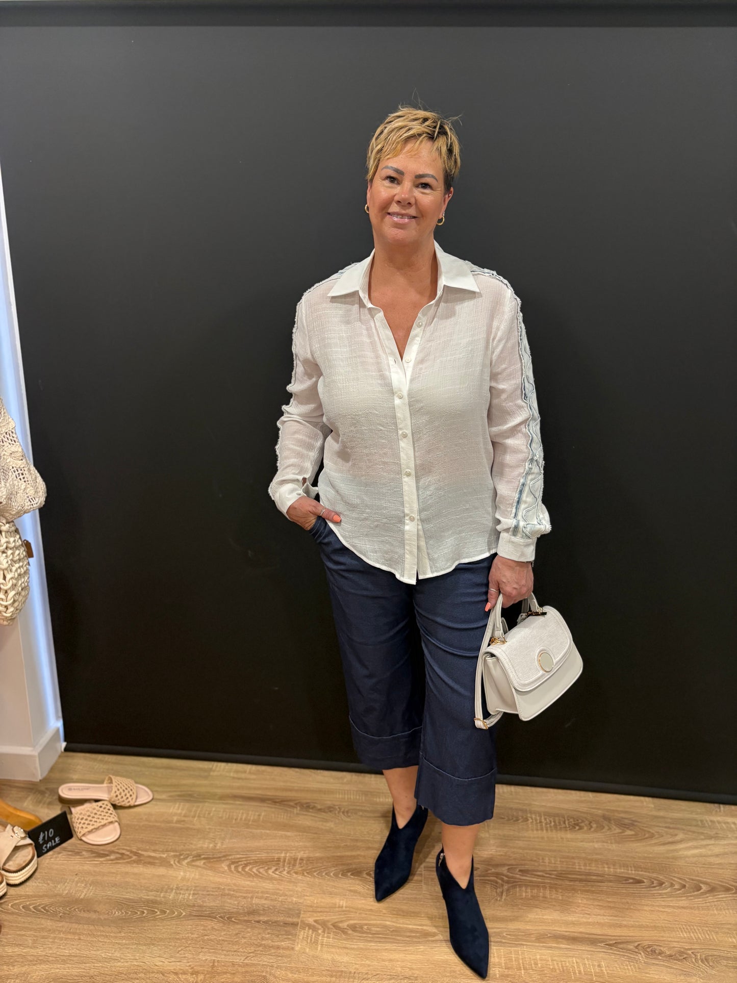 Crinkle Shirt with Denim Detail