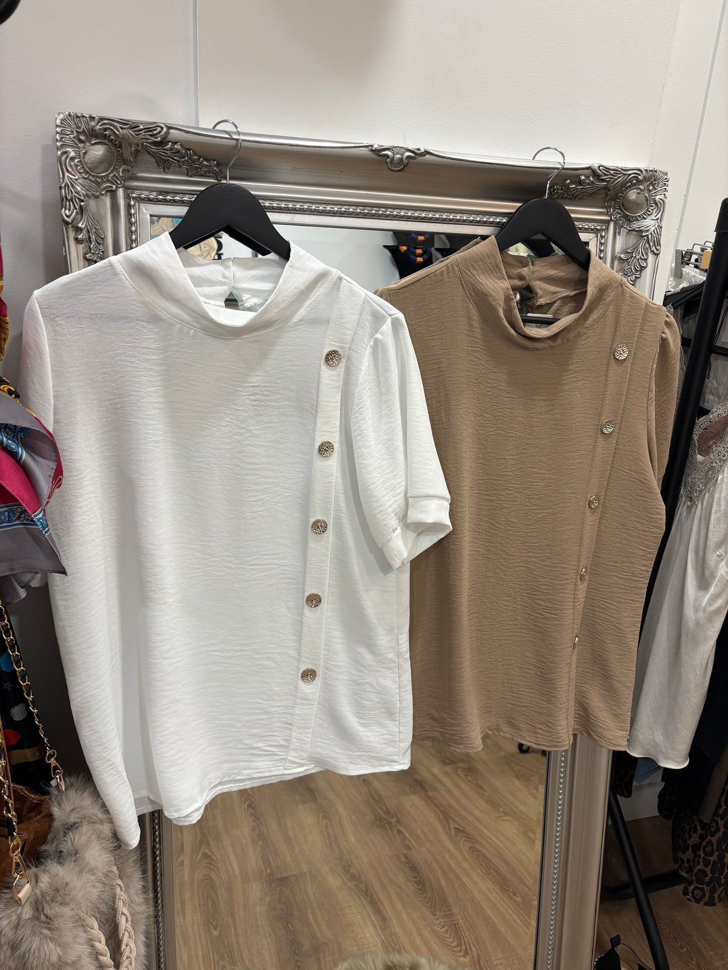 Side Button, Funnel Neck Blouse