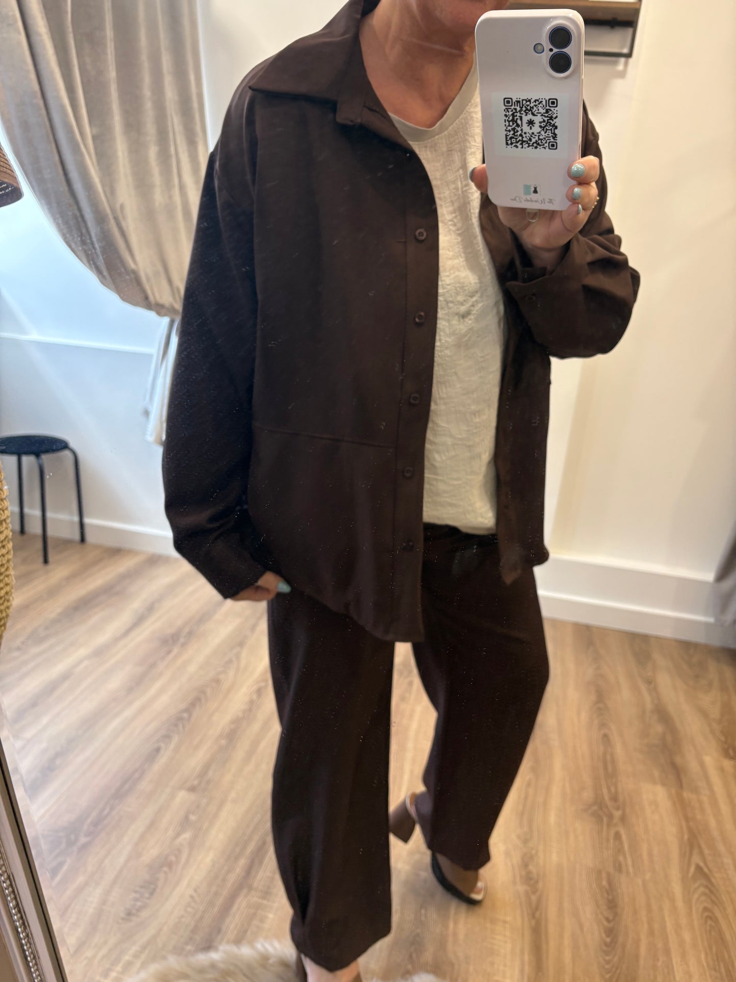 Shirt Style Jacket and Trouser Set - Brown