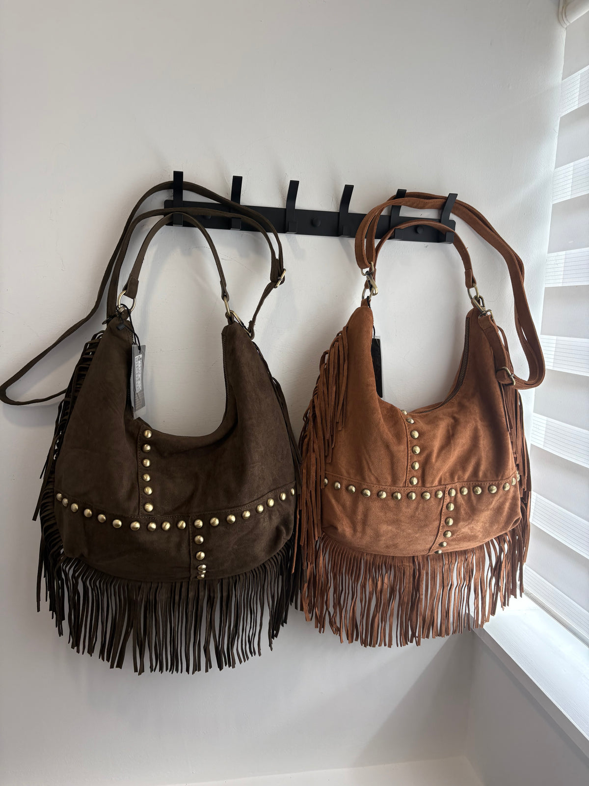 Medium, Studded, Fringed, Suedette Slouch Bag