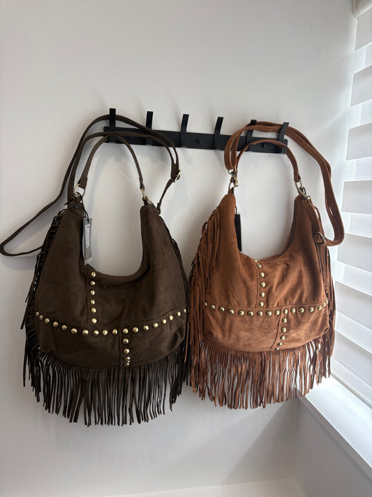 Medium, Studded, Fringed, Suedette Slouch Bag