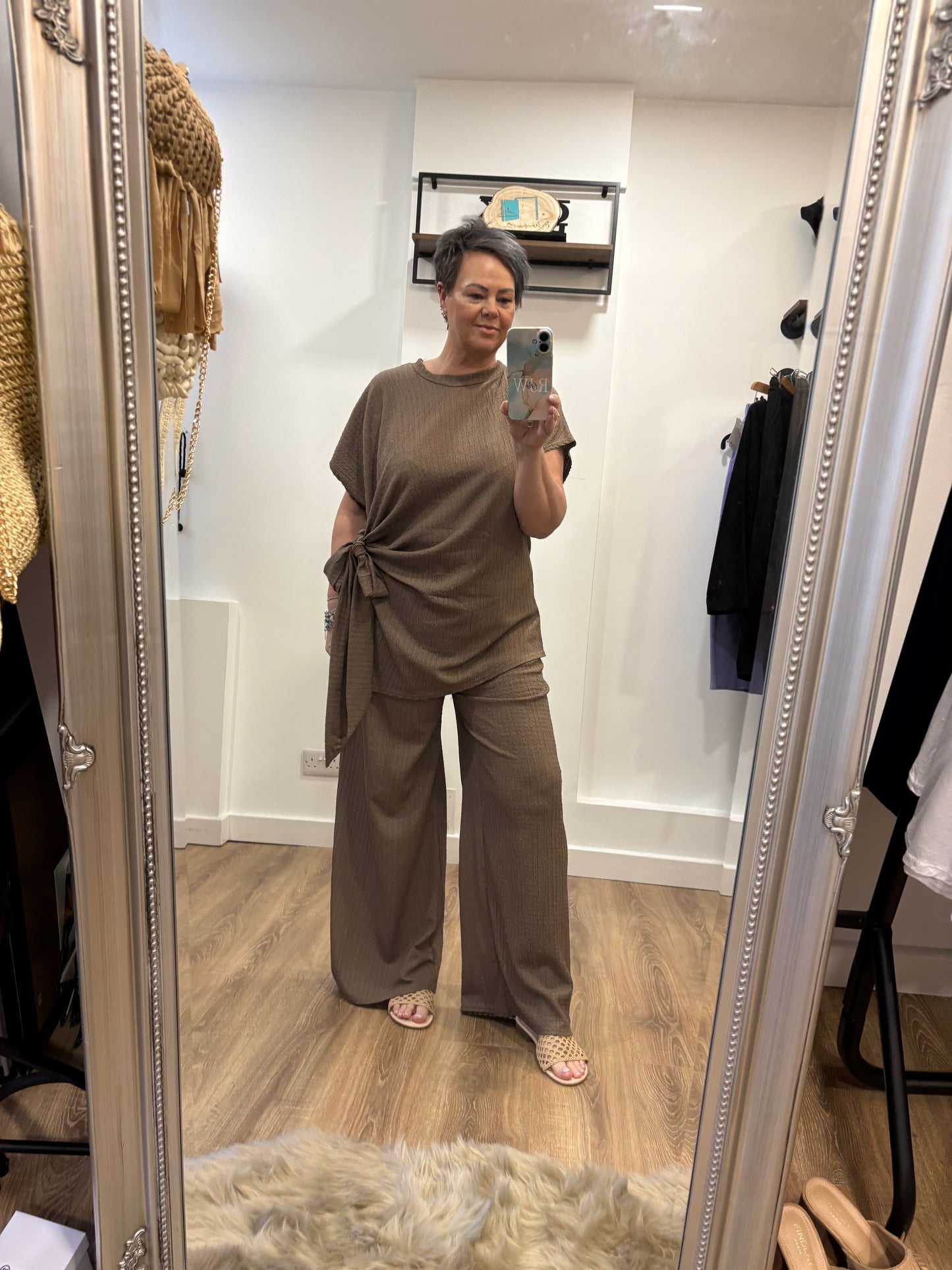Tie Side, Crinkle Trouser Set - Mocha